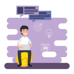 man with business coins and chat bubbles vector illustration